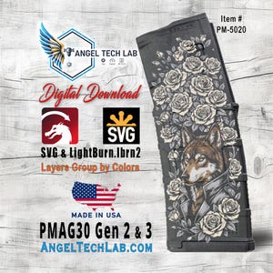 Wolf with Roses Pmag30 Engraving Design SVG | LightBurn Laser File | Vector SVG Download