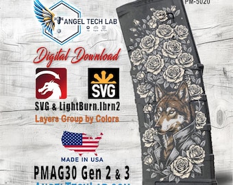 Wolf with Roses Pmag30 Engraving Design SVG | LightBurn Laser File | Vector SVG Download