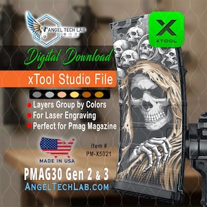 May include: Digital download xTool Studio file for laser engraving. The design features a skull with flowing hair and other skulls. The text includes "Layers Group by Colors", "Perfect for Pmag Magazine", and "Made in USA".