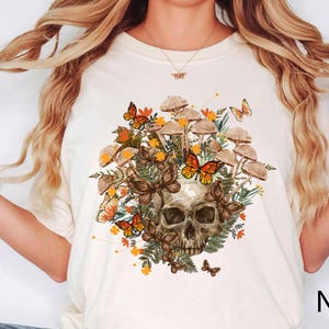 Bloom Skull Shirt, Mushroom Shirt, Halloween Shirt, Mushroom And Skull, Floral Skull Shirt, Womens Fall Shirts, Flower Skull Skeleton Shirt