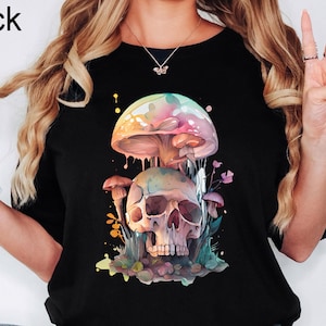 Mushroom Shirt, Halloween Mushroom Skull Shirt, Hippie Shirt, Decor Art Shirt, Plant Shirt, Nature Shirt, Gift For Her, Vintage Plant Shirt
