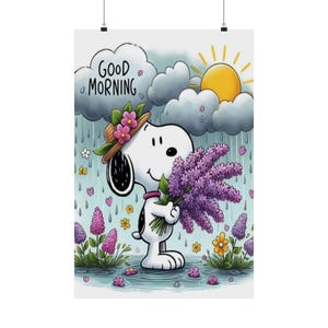 Póster de buenos días, decoración de pared para habitación infantil, regalo para amantes de los perros, diseño primaveral, decoración motivacional.