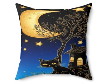 Whimsical Moon Cat Pillow | Night Sky Cottage Throw Pillow