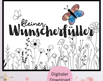Puede incluir: Impresión enmarcada en negro con las palabras "kleiner Wunscherfüller" y una ilustración de mariposa. La impresión presenta un campo de flores dibujadas a línea y el texto "Digitaler Download".