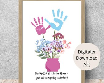Verjaardagscadeau voor mama | Handafdruk cadeau | Bloemenposters | Kindercadeaus voor moeders | DIY Babyhandafdruk | Verjaardag | Afdrukbaar