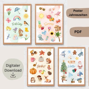 Könnte beinhalten: Vier gerahmte Aquarellposter, die die Jahreszeiten darstellen: Frühling, Sommer, Herbst und Winter. Jedes Poster zeigt thematische Illustrationen, darunter Blumen, Tiere und saisonale Objekte. Der Text "Digitaler Download" ist ebenfalls sichtbar.