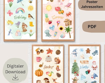 Seasons poster set | Printable posters | Nursery posters | Digital wall art | Spring, Summer, Autumn, Winter | Nursery decor