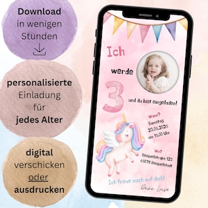 Digital invitation for children&#39;s birthdays | E-card | Whatsapp | Birthday | Personalized invitation for girls | Unicorn | Birthday invitation