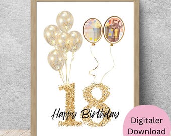 Cash gift for an 18th birthday | Finally 18 | Birthday present | Birthday poster | Wish fulfiller | Giving money | Instant download