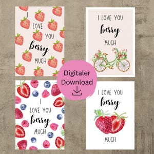 Coffret de cartes postales d'amour | 4 cartes postales à imprimer soi-même | Affiche Je t'aime | Baies | Été | Téléchargement PDF | Je t'aime beaucoup