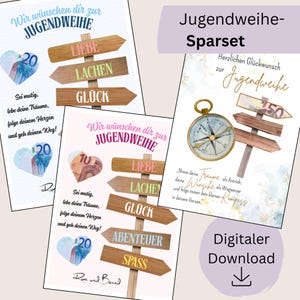 May include: A collection of digital download greeting cards with German text. The cards feature wooden signposts with words like "Love" and "Happiness", along with heart-shaped money designs. The cards are for a Jugendweihe celebration.