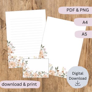 Papeterie à imprimer | Papeterie florale A4 | Notes avec enveloppe | Papeterie avec enveloppe | Ligné et non ligné