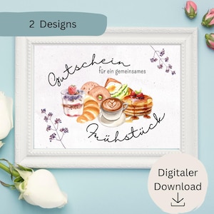 Könnte beinhalten: Ein gerahmter Aquarelldruck mit einer Frühstücksszene mit Pfannkuchen, Kaffee, Gebäck und einem Parfait. Der Druck enthält den Text "Gutschein für ein gemeinsames Frühstück" und "Digitaler Download". Der Rahmen ist weiß.