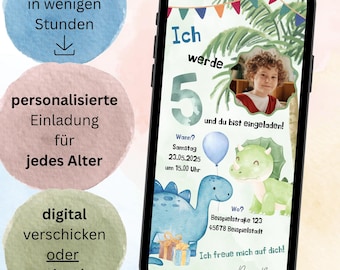 digitale Geburtstagseinladung Kindergeburtstag | E-Card | Whatsapp | Geburtstag| personalisierte Einladung Junge Mädchen | Dino | Einladung