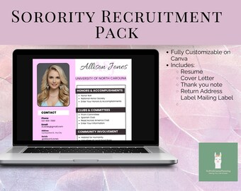 Customizable Sorority Resume, Pink Sorority Resume Template, Sorority Rush Pack, Pink Resume with Photo, Social Resume, College Resume