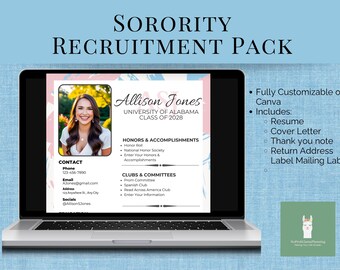 Customizable Sorority Resume, Pink Sorority Resume Template, Sorority Rush Pack, Pink Resume with Photo, Social Resume, College Resume