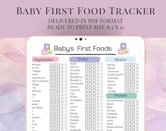 Baby First Food Tracker, Tracker d'aliments pour bébés imprimable, Liste de contrôle des 100 premiers aliments, Planificateur de repas, Journal quotidien, Tableau des premiers aliments pour bébés