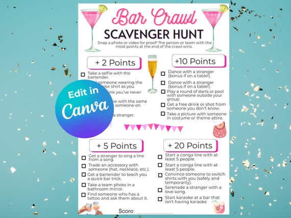 Bar Crawl Scavenger Hunt, Bar Scavenger Hunt, Bar Crawl Games, Birthday Bar Crawl, Girls Night Games, Adult Scavenger Hunt, Bachelorette