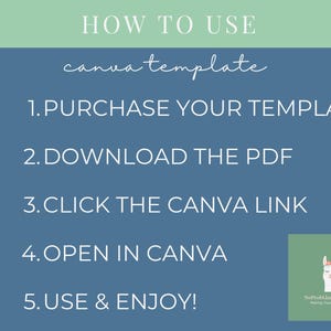 May include: A blue and green graphic with white text that reads 'HOW TO USE canva template 1. PURCHASE YOUR TEMPLATE 2. DOWNLOAD THE PDF 3. CLICK THE CANVA LINK 4. OPEN IN CANVA 5. USE & ENJOY!' There are five icons to the left of each numbered instruction. The icons are a shopping cart, a download arrow, a cursor, a lock with a checkmark, and a heart. In the bottom right corner, there is a green square with a white llama and the text 'NoProblamaPlanning Making Your Life Simpler'.