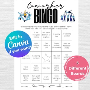 Coworker Bingo, Find Someone Who, Find the Guest Bingo, Mingle Bingo, Mix and Mingle Bingo, Human Bingo, Ice Breaker Games