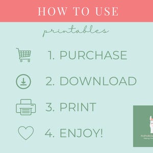 May include: How to use printables graphic with four steps: 1. Purchase, 2. Download, 3. Print, 4. Enjoy!  The graphic includes a shopping cart icon, a download icon, a printer icon, and a heart icon. The graphic also includes a llama with a flower crown and the text 'No Prob Llama Planning Making Your Life Simpler'.
