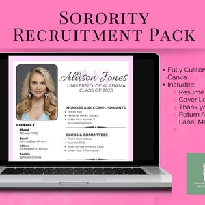 Customizable Sorority Resume, Pink Sorority Resume Template, Sorority Rush Pack, Pink Resume with Photo, Social Resume, College Resume