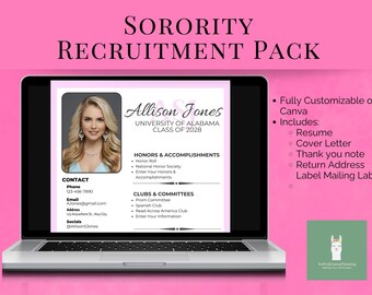 Customizable Sorority Resume, Pink Sorority Resume Template, Sorority Rush Pack, Pink Resume with Photo, Social Resume, College Resume