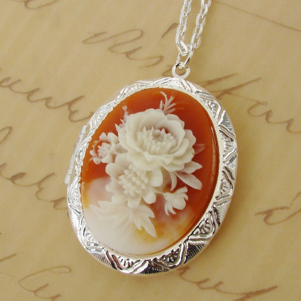 Floral Cameo Locket Necklace, Wedding, Peach and Cream, Antique Style Vintage Inspired, Long Chain - Millie