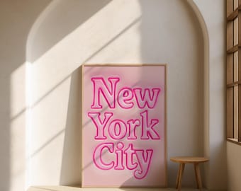 New York City Poster – Pink Aesthetic Printable Wall Art, NYC Typography Digital Download for Dorm or Apartment