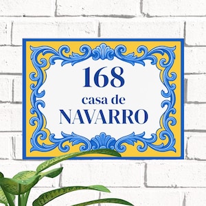 Azulejo Ceramic House Number, Blue Yellow Old Spanish Tiles Street Sign, Family Name Plate, New Home Gifts