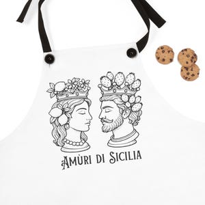 Sicilian Theme Apron, Sicily Teste di Moro White Kitchen Aprons, Sicilia Lovers Gift