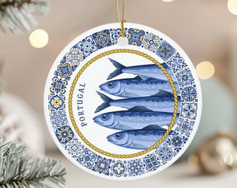 Portugal Sardinen Ornament, Blau Weiß Keramik Azulejo Weihnachtsbaum Hängen, Lissabon Urlaub Andenken