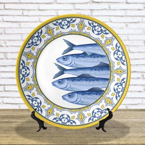 Sardine Ceramic Plate, 8&quot; 10&quot; Blue Yellow Coastal Fish Home Decor