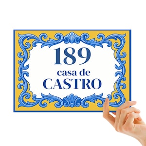 Spanish Ceramic House Sign, Blue Yellow Azulejo Address Plaque, Hispanic Family Name Plate, Spain Home Gift Idea