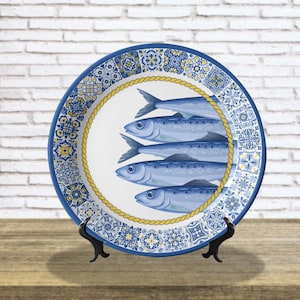 Sardine Ceramic Plate 20cm & 25cm, Portuguese Blue Yellow Azulejo Wall Decor, Aesthetic Fish Dish
