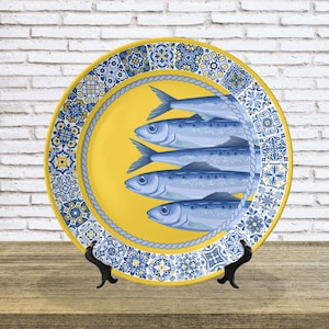 Portuguese Sardine Plate 20cm & 25cm, Blue Yellow Azulejo Ceramic Decorative Plates, Serving Dish