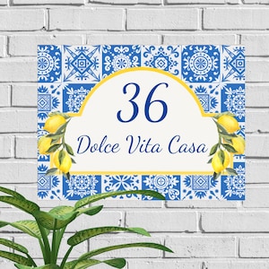 Majolica House Sign, Custom Ceramic Tile Adress Number Plaque, Personalized Name Plate, Italian Lemons Wedding Gift