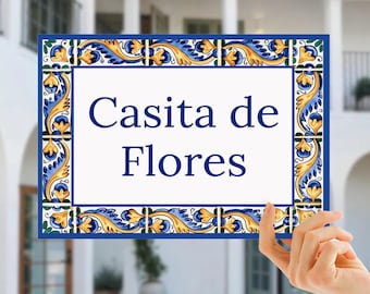 Spanisches Straßenschild, Azulejo-Kachel-Adressen-Plakette, 20 cm x 15 cm Keramik-Familienname-Hausnummer, Blaues portugiesisches Wohndekor