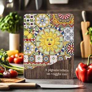 Sicilian Kitchen Board, Sicily Sun Multicolored Folk Motif Glass Serving Tray, Italian Family Wedding Gift