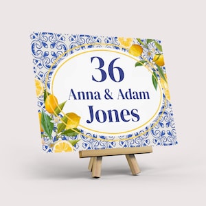 Personalized Ceramic Name Plate, Italian Tiles Sign House Number, Mediterranean Lemons, Custom Wall Plaque, Italians Wedding Gift