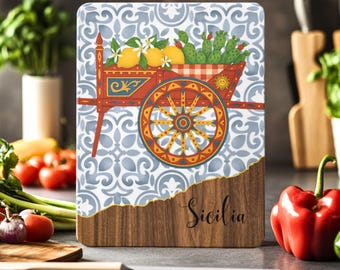 Sicilian Wagon Cutting Board, Red Glass Tagliere, Carretto Siciliano Italian Folk Art Kitchen Decor
