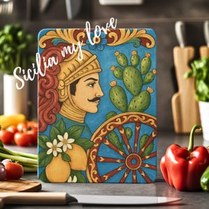 Sicilian Cart Motif Cutting Board, Multicolor Glass Tagliere Carretto Siciliano, Italian Wedding Gift, Sicilia Souvenir