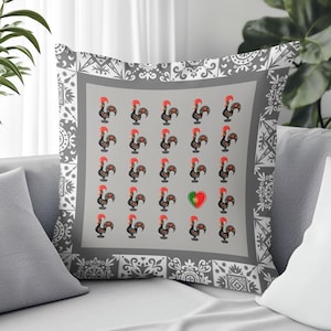 Galo de Barcelos Pillow Cover: Portuguese Azulejos Print Folk Art Home Decor