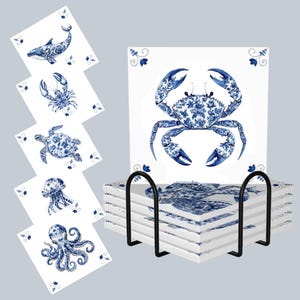 Delft Blue Sea Life Coasters, Crab Octopus Lobster Ceramic Tiles Set of 6 with Holder Stand