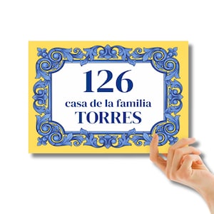 Spanish Ceramic House Sign, Baroque Blue Yellow Azulejo Address Plaque, Hispanic Family Name Plate, Hispanic Home Gift Idea