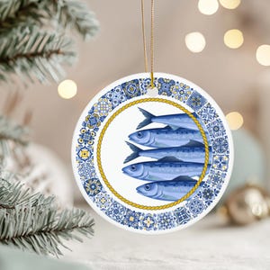 Portugal Sardines Ornament, Blue White Ceramic Azulejo Christmas Tree Hanging, Lisbon Holiday Keepsake