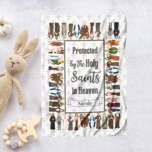 Saints Baby Blanket, Personalized White Fleece Catholic Swaddle, 23 Saint Religious Gift for Baby Boy