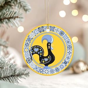 Portugal Rooster Christmas Ornament, Blue Yellow Ceramic Azulejo Tree Hanging, Galo De Barcelos Holiday Decor