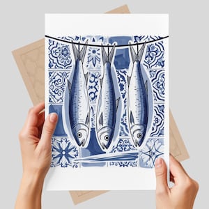 Portuguese Sardines Ceramic Tile, Blue White Azulejo Decorative Wall Art Porcelain Decor, Portugal Gift