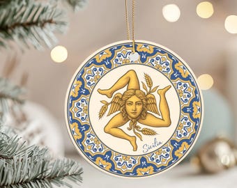 Trinacria Ornament, Sicilian Symbol Christmas Tree Decor, 3" Beige Round Ceramic Holiday Decoration
